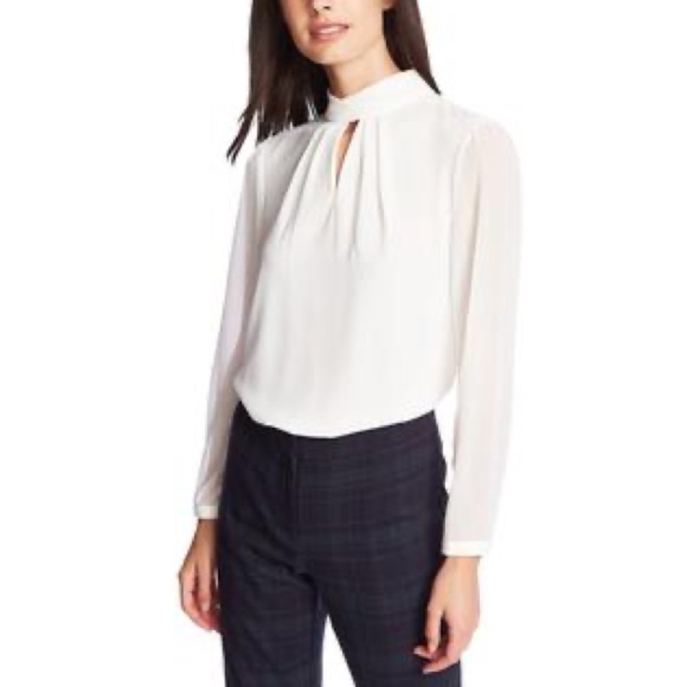 New 1.State Long Sleeve Semi Sheer Keyhole Front Blouse in Polished Nomad
